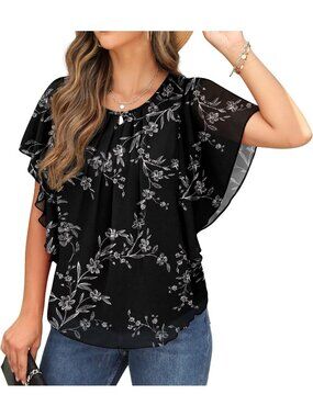 Women's Summer Casual Blouses White Leaf Loose Round Neck Chiffon Flowy Tops